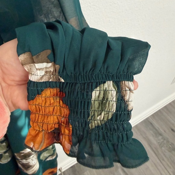 Simplee Emerald Green Orange Floral Long Sleeve Dress Tiered Smocked.Size XL - Picture 4 of 9